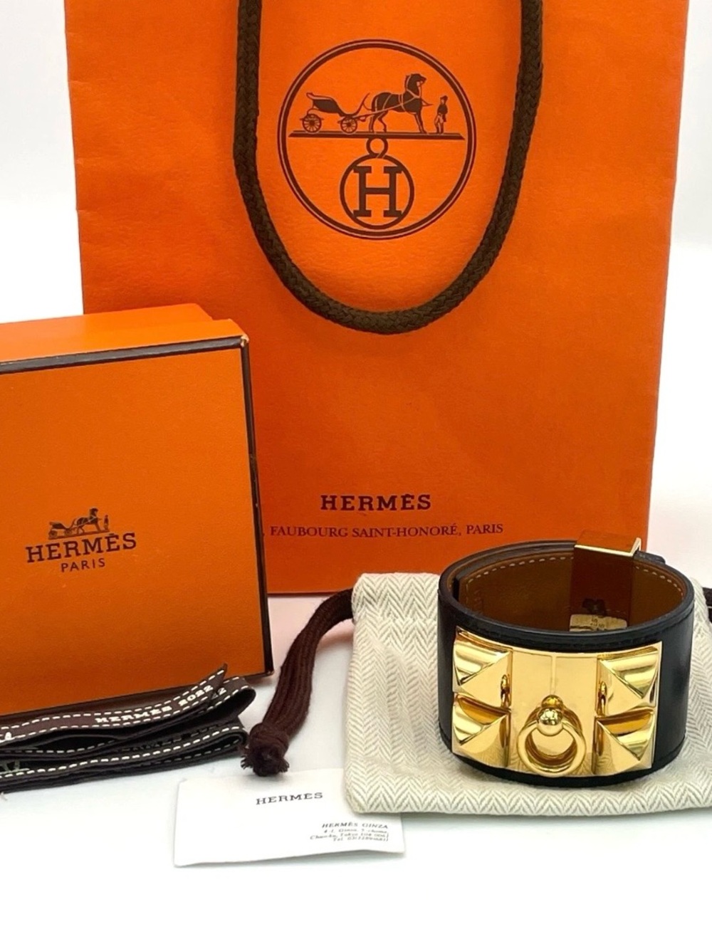 Hermès Collier de Chien Gold Hardware Wide Leather Cuff - Black/Gold